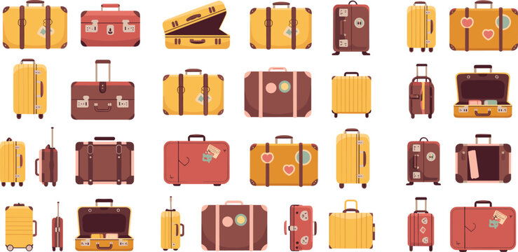 Travel luggage set, vintage suitcases, modern rolling bags, baggage icons, holiday travel gear, suitcase collection, tourism equipment illustration