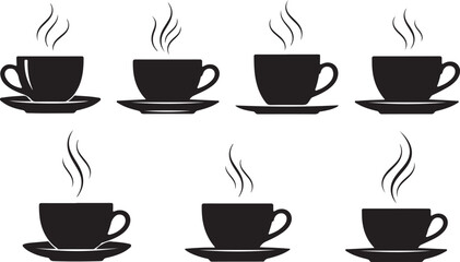 Obraz premium Eight black coffee cup icons with steam on white background hot drink beverage