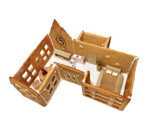 Miniature house model close-up. Decorated gingerbread house. Food art, home warmth, interior design concepts. House building process, stages. Christmas vibes scene. PNG