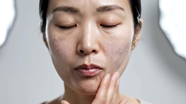 Asian woman touching face showing dull uneven skin tone and hyperpigmentation problem
