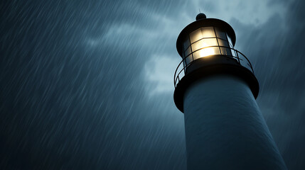 Lighthouse in the Storm: A beam of light cuts through the dark, stormy night as rain pours down on the coast. A beacon of hope for sailors navigating treacherous seas.