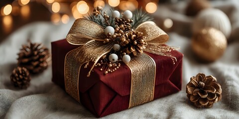 Elegant burgundy gift box with golden ribbon bow surrounded by pine cones and warm bokeh lights creating festive holiday atmosphere for seasonal celebrations.