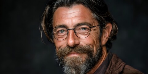 Middle-aged Caucasian man with beard and glasses smiling warmly against dark background. Professional headshot portrait for business or personal branding.