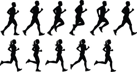 Set of Male and Female Runners Silhouettes Vector Collection Running Jogging Poses for Fitness Sport and Marathon Design Graphics.
