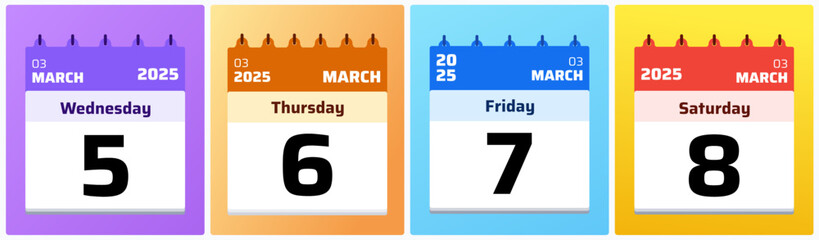 Fototapeta premium March 2025 daily calendar set in colorful flat style, ideal for planners, reminders, scheduling graphics, and productivity visuals