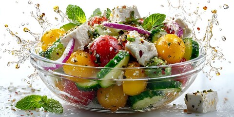 Fresh Greek salad with tomatoes, cucumbers, olives and feta cheese in glass bowl with water splash on white background for healthy eating concepts.