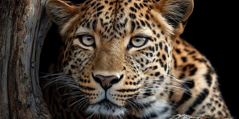 Fototapeta premium Majestic leopard portrait with piercing blue eyes and spotted coat pattern resting near wooden log in natural habitat for wildlife photography and nature content.