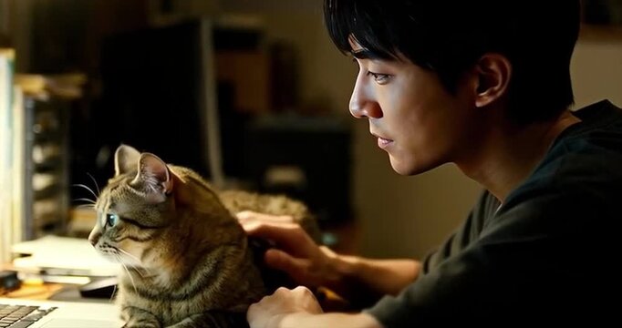 Man petting cat beside computer screen indoors