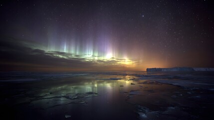 Brilliant green aurora borealis illuminates frozen polar waters beneath a dark, starry sky