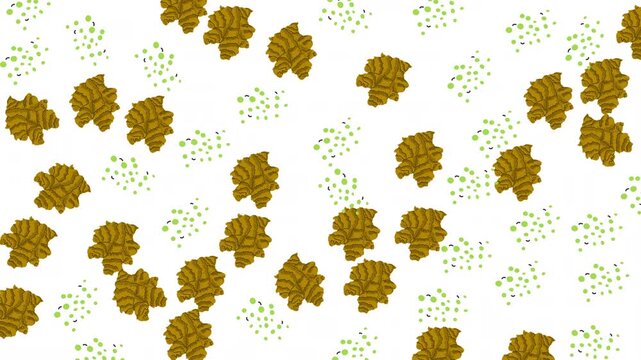 Scattered brown fan shapes and green dots in a vibrant and abstract design. Suitable for backgrounds, banners, and digital art projects.