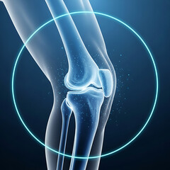 Glowing 3D X-ray of human knee joint visualization with healing particles and protective light ring