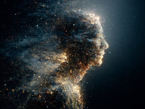 Quantum observer paradox consciousness shaping cosmic evolution abstract human silhouette emerging entangled particles