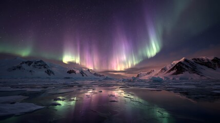 Brilliant green aurora borealis illuminates frozen polar waters beneath a dark, starry sky