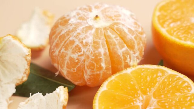 Peeled mandarin rotates with halved citrus and scattered peel pieces. The composition shows pith, segments, and a fresh snack moment.
