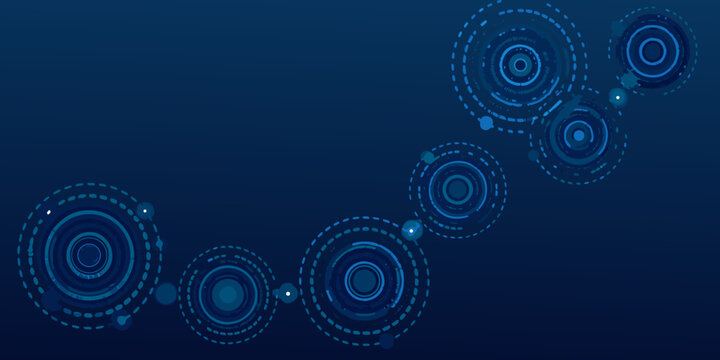 Abstract blue background with interconnected circular dotted patterns and glowing spheres