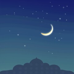 Fototapeta premium Crescent moon and stars in a dark blue night sky above a silhouette of an islamic building dome
