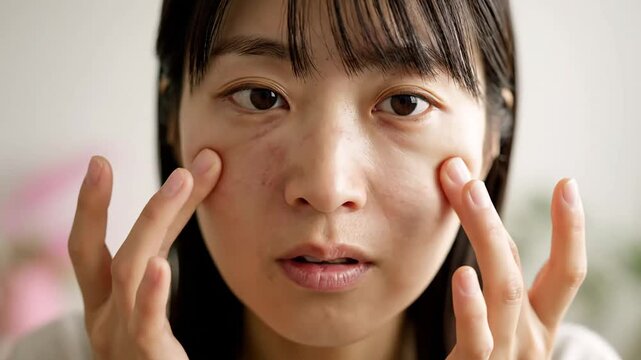 Young asian woman touching face inspecting dull tired skin for skincare advertising campaign