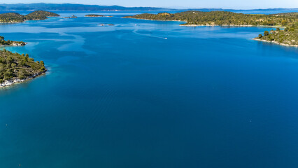 Aerial drone view of Fteroti Beach, sandbanks and lagoon in Sithonia, Chalkidiki, Greece