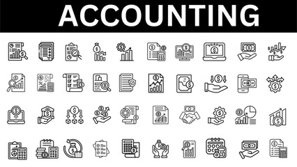 Accounting editable line icons collection. Accounting of business affairs and work. Invoice, tax, accountant, financial statement, tax calculator. Vector illustration 
