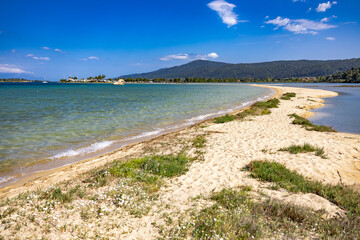 Fteroti Beach, sandbanks and lagoon in Sithonia, Chalkidiki, Greece
