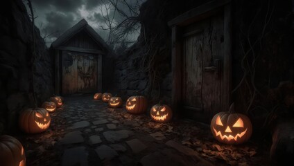 Creepy alleyway with carved pumpkins leading to ominous wooden doors, under a dim sky