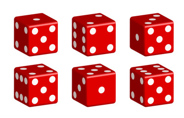 Red dice with white dots. Vector set isolated on white background. 3d dice.