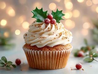 Traditional decorated Christmas cupcakes holiday baking Delicious holiday cupcake topped with cream, berries, and festive decorations against a blurred background.