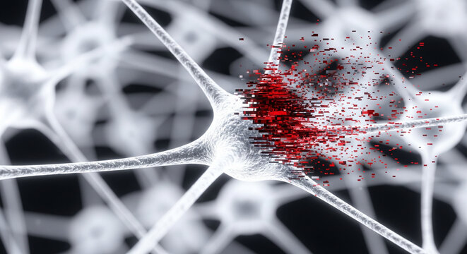  A hyper-detailed close-up of an intricate, biological-style neural network. One section is aggressively dissolving into distorted, red and black glitch art, representing a targeted adversarial machin