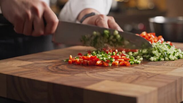 Chef finely dicing fresh red peppers and green cucumbers with a sharp professional knife on a sturdy wooden cutting board for a healthy meal preparation