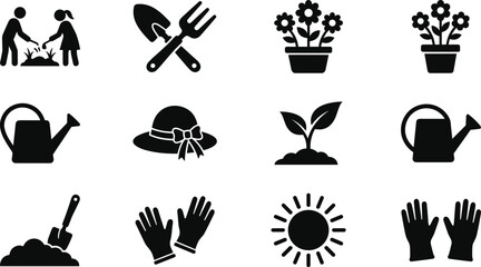 Set of black vector silhouette icons featuring gardening objects like planting people, flowers, gloves, and sun isolated on white background.