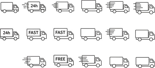 Modern outline delivery truck icons demonstrating fast free 24hour shipping and logistics services for business