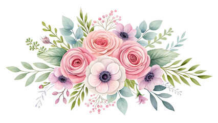 Delicate watercolor floral arrangement with pink roses anemones and eucalyptus leaves on white background