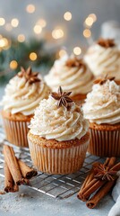 Traditional decorated Christmas cupcakes holiday baking Delicious cupcakes topped with creamy frosting and star anise, set against a cozy background of warm lights.