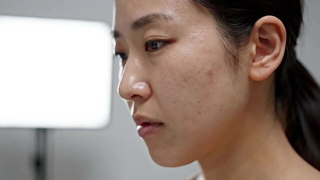 Young asian woman profile closeup showing uneven skin texture and dull complexion problem
