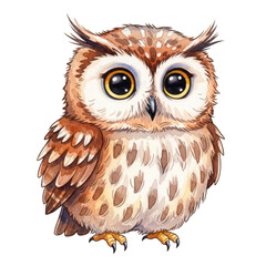 Obraz premium Watercolor Cute cartoon owl with big eyes isolated on a transparent background