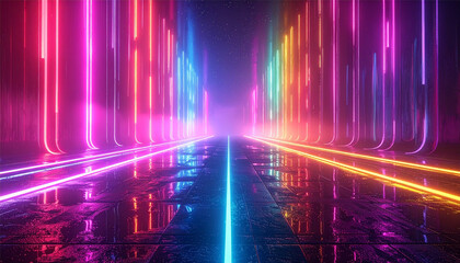 A vibrant neon abstract design full of colorful glowing trails.