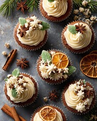 Traditional decorated Christmas cupcakes holiday baking Delightful cupcakes adorned with floral accents and decorative toppings.