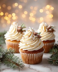 Traditional decorated Christmas cupcakes holiday baking Delicious cupcakes adorned with creamy frosting and festive decorations on a blurred background.