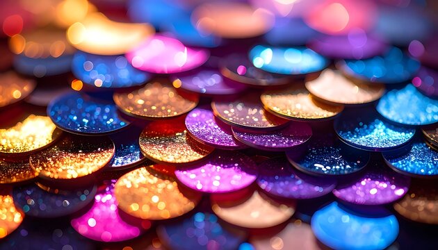 Close up of overlapping, colorful, round sequins shimmering with light; a textured, shiny, and vibrant abstract