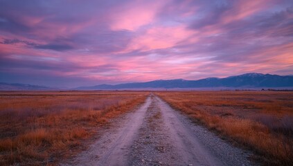 A gravel road winds through a vast, autumnal landscape under a dramatic, twilight sky painted in hues of pink and purple.