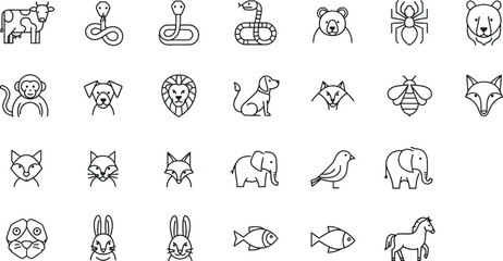 Collection of hand drawn animal faces and figures in a simple line art style