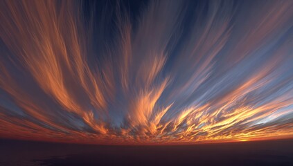 A dramatic sunset sky filled with fiery, streaked clouds radiating outward, showcasing a vibrant display of orange and gold hues against a deep blue backdrop.
