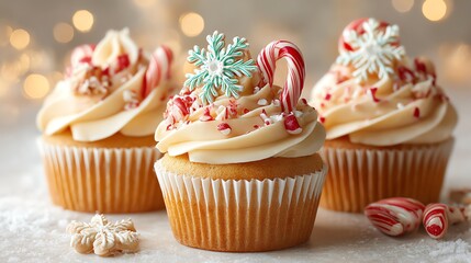 Traditional decorated Christmas cupcakes holiday baking Festively decorated cupcakes with candy canes and snowflakes, set against a blurred, twinkling background.