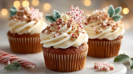 Traditional decorated Christmas cupcakes holiday baking Festively decorated cupcakes with frosting and holiday-themed toppings, surrounded by soft bokeh lights.