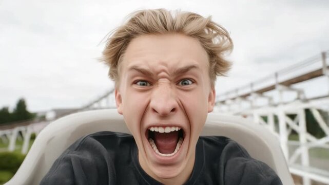 Thrilling Experience of Young Man on Roller Coaster with Exhilarated Expression in Amusement Park 4k video footage