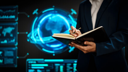 Business professional woman hands reviews notes in notebook while standing advanced digital global dashboards, data analysis, strategic planning, technology insights, futuristic digital environment.