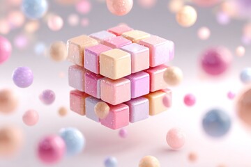Fototapeta premium Colorful stacked cubes surrounded by floating glossy spheres