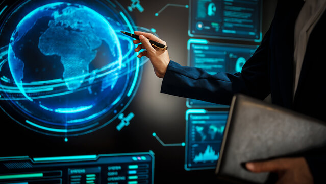 Business professional woman hands reviews notes in notebook while standing advanced digital global dashboards, data analysis, strategic planning, technology insights, futuristic digital environment. - Powered by Adobe