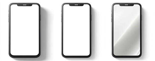 Three smartphones with blank screens cast soft shadows on a white background