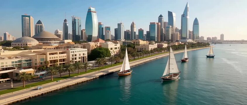 Aerial drone view of Kuwait City skyline with traditional dhow sailboats.